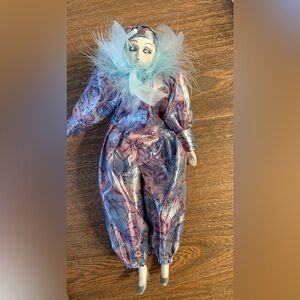 Vintage Art Deco Italian Porcelain Pierrot Harlequin Clown Doll Feathers Blue